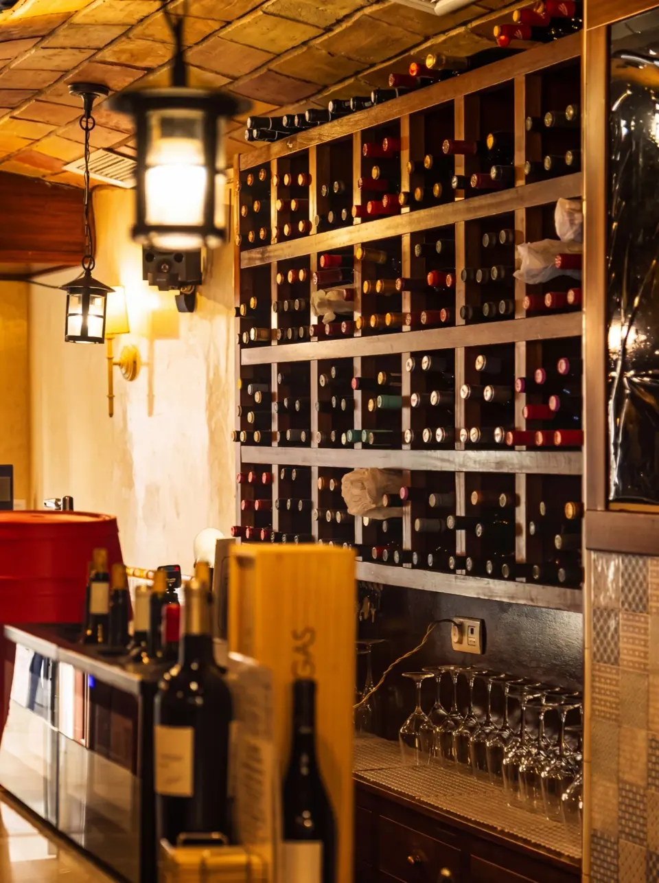 Pared de botellas de la barra de Bodega Los Tintos, taberna de vinos en el Realejo de Granada